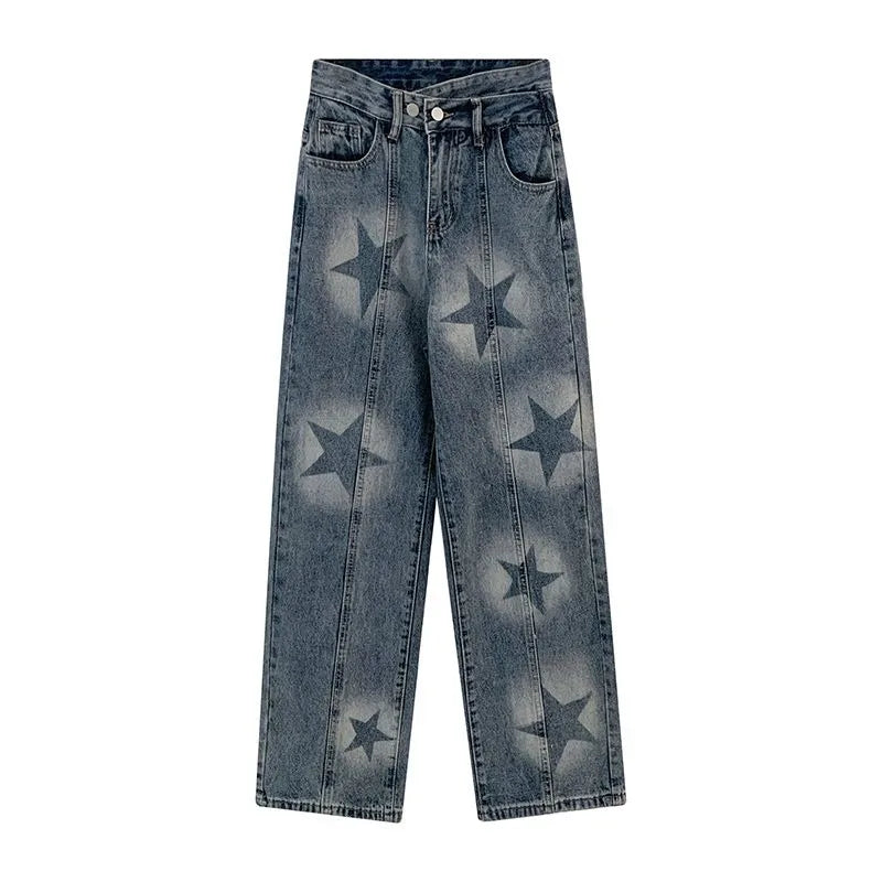 High Waist Star Print Denim Pants - INTOYPEZONE
