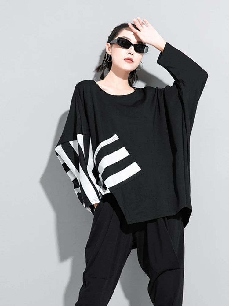 Black Striped Irregular Big Size Casual Top - INTOHYPEZONE
