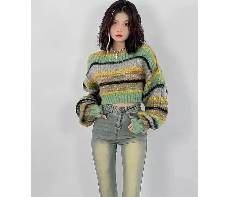 Striped Casual Knitted Crop Sweater - INTOHYPEZONE