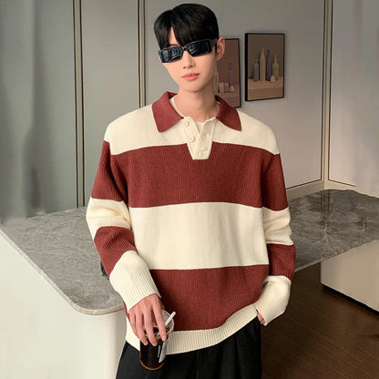 Contrast Color Turn-down Collar Stripe Sweaters - INTOHYPEZONE