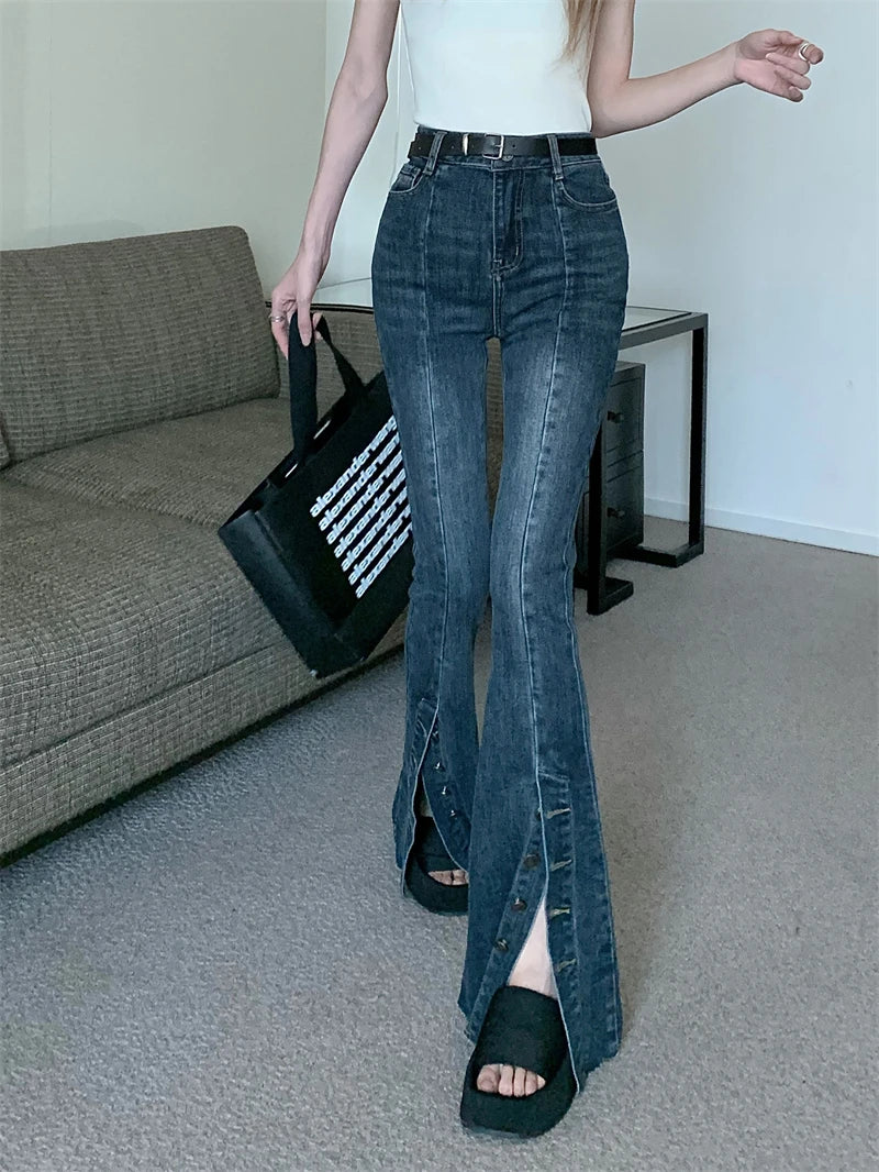Single-Breasted Split Wide Leg Jeans - INTOHYPEZONE