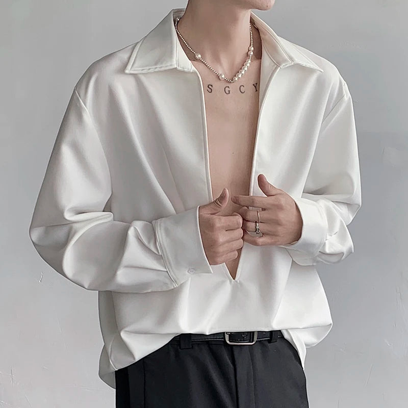 V-shaped Slit Turn-down Collar Shirt - INTOHYPEZONE