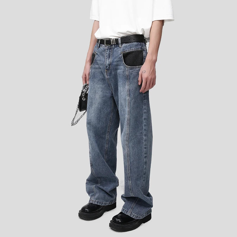 Back Pocket Spliced Vintage Straight Leg Denim Pants - INTOHYPEZONE