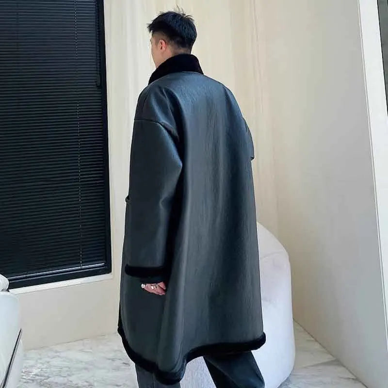 Dark Leather Woolen Overcoat - INTOHYPEZONE