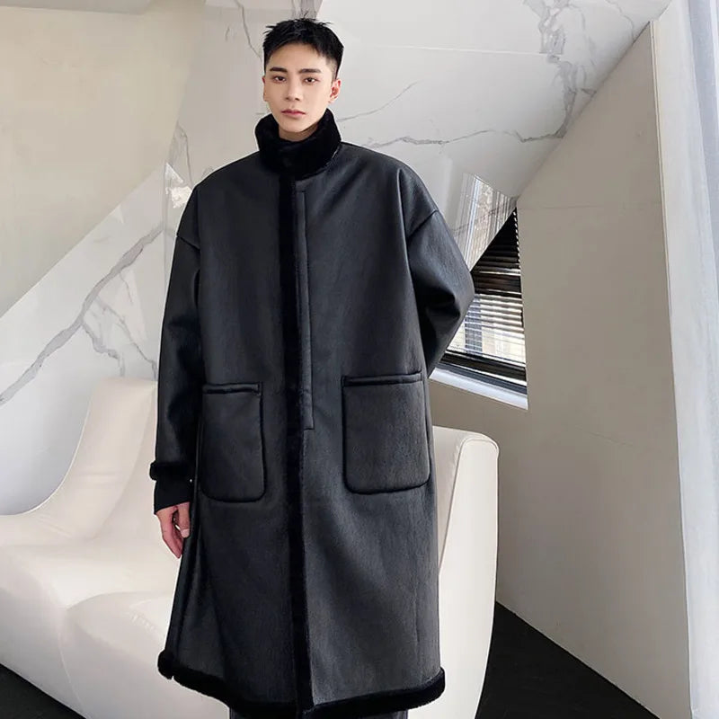 Dark Leather Woolen Overcoat - INTOHYPEZONE