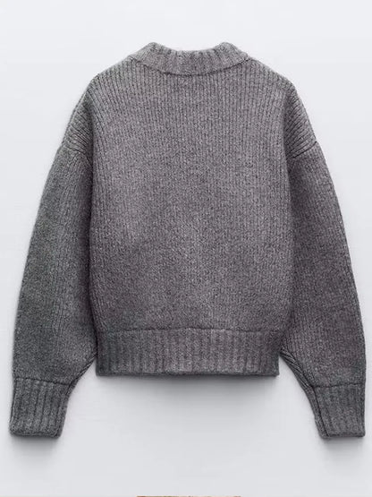 Knit Gray Long Sleeve Full Zip Sweater - INTOHYPEZONE