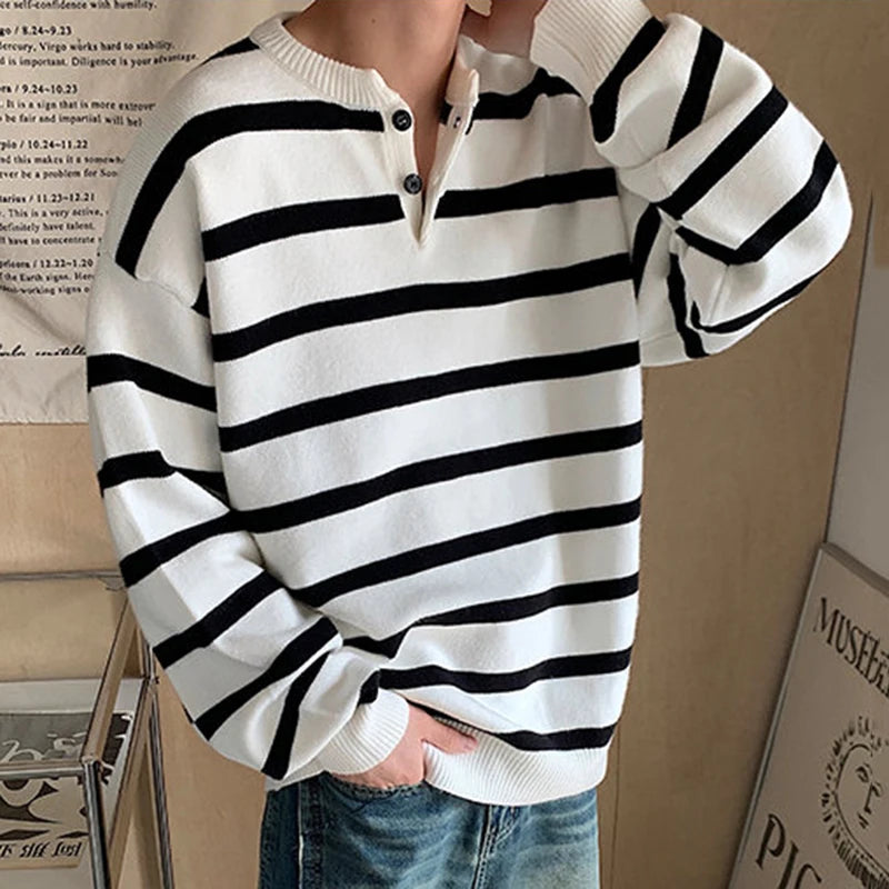 Stripe Round Neck Pullover Sweater - INTOHYPEZONE