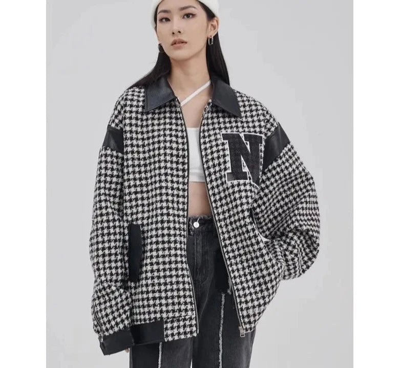 Houndstooth Letter Embroidered Oversized Zip Jacket - INTOHYPEZONE