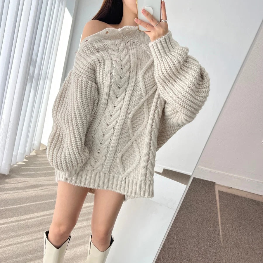 Slash Collar Knitted Pullover - INTOHYPEZONE