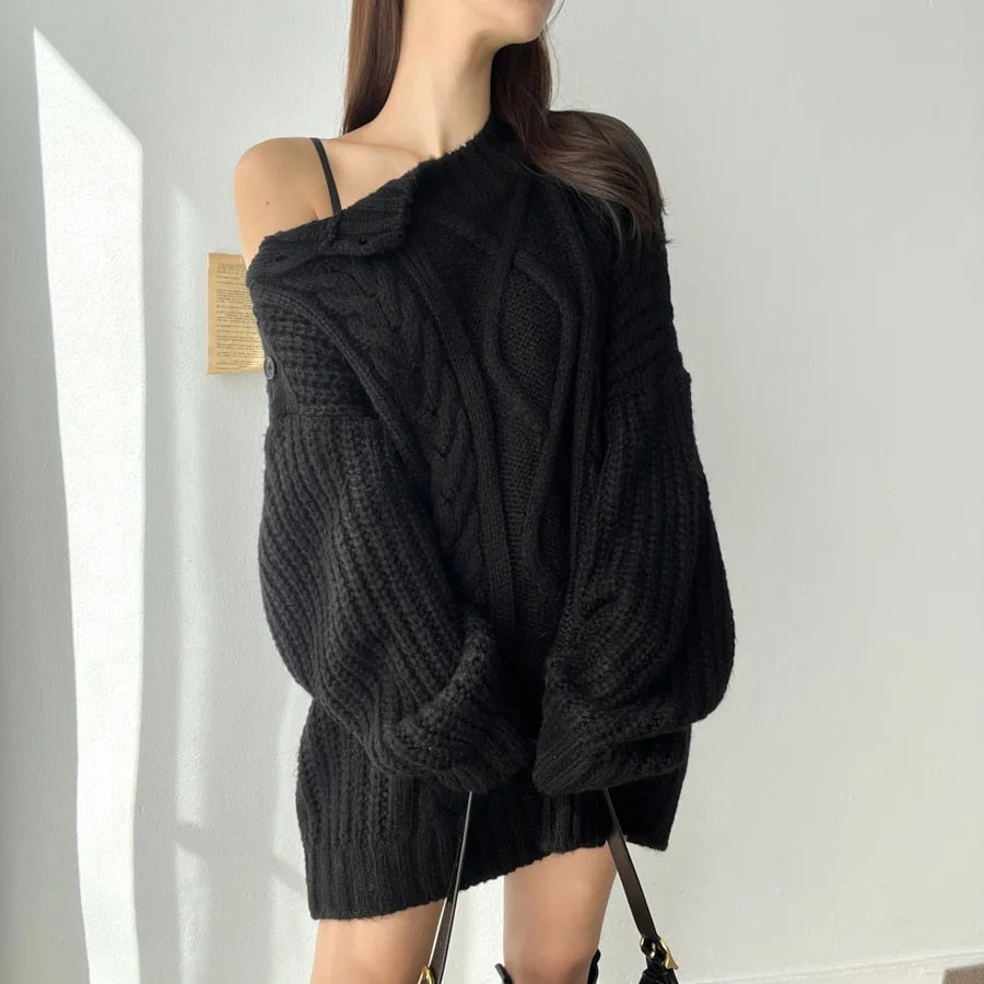 Slash Collar Knitted Pullover - INTOHYPEZONE