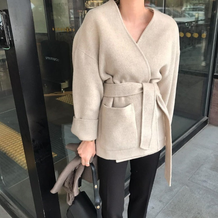 V-neck Wool Jacket with Belt -INTOHYPEZONE