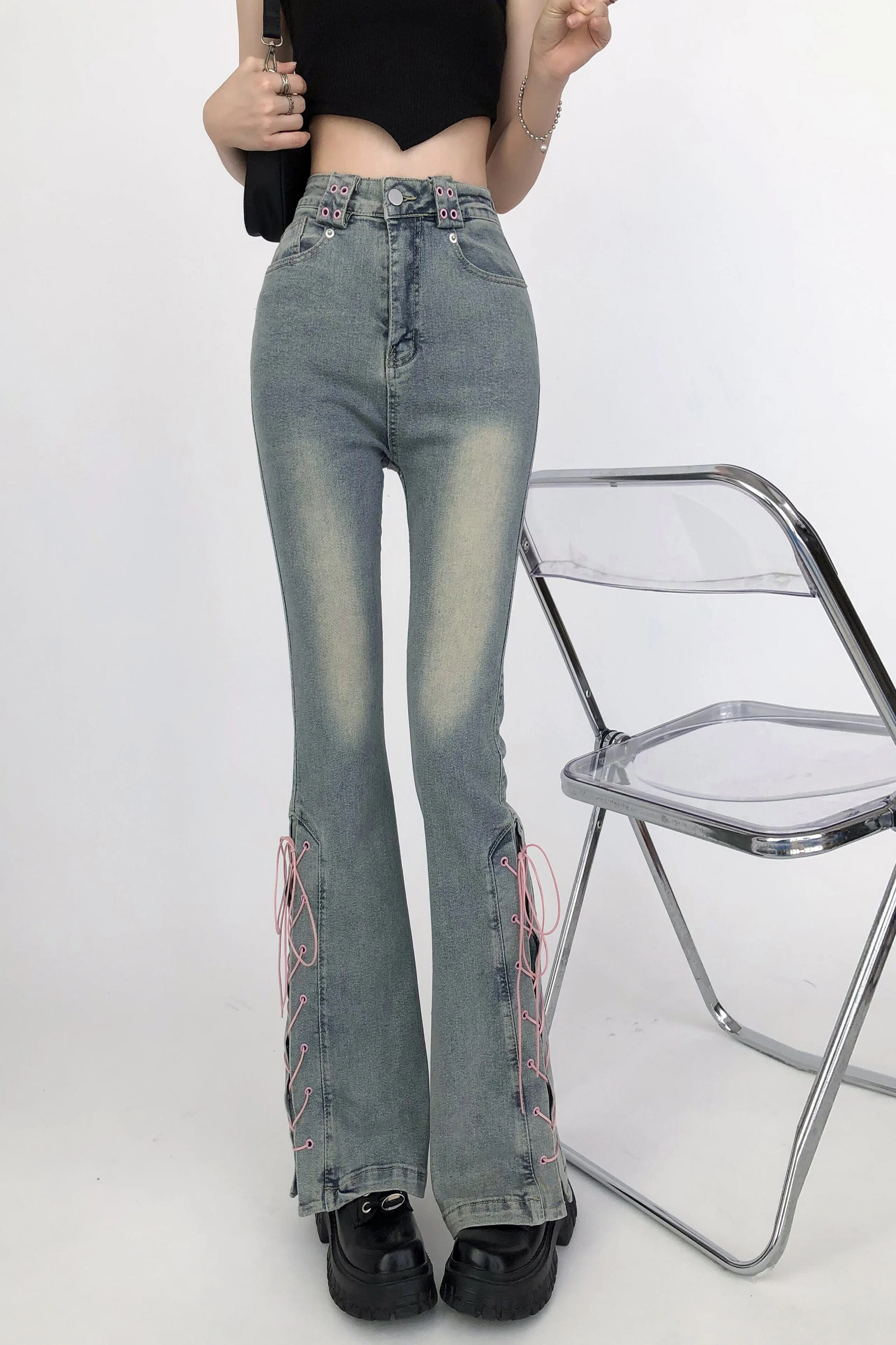 Lace-up High Waist Slim Fit Jeans Pants - INTOHYPEZONE