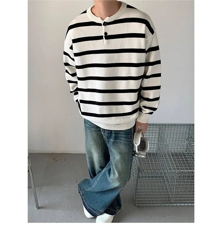 Stripe Round Neck Pullover Sweater - INTOHYPEZONE