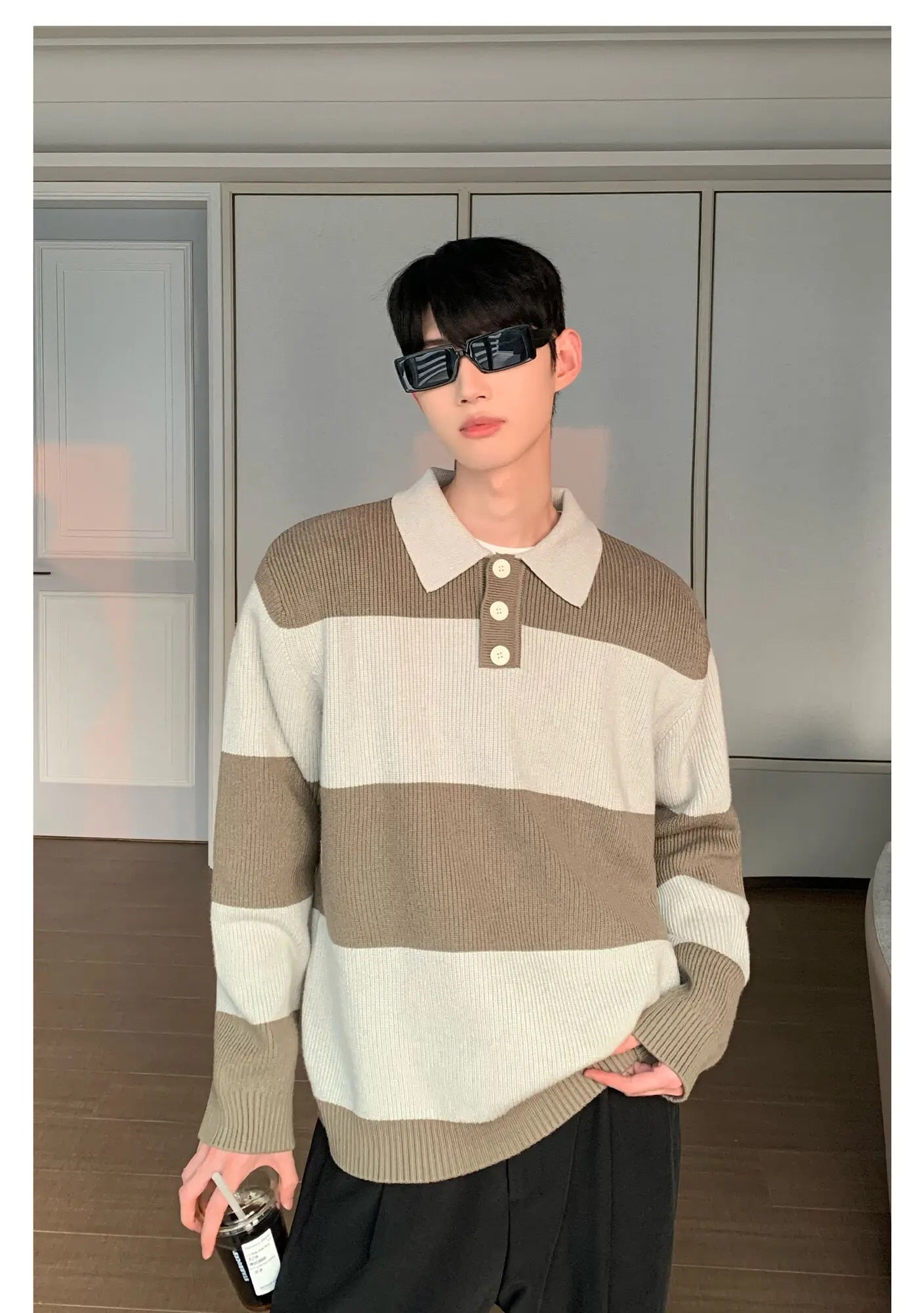 Contrast Color Turn-down Collar Stripe Sweaters - INTOHYPEZONE