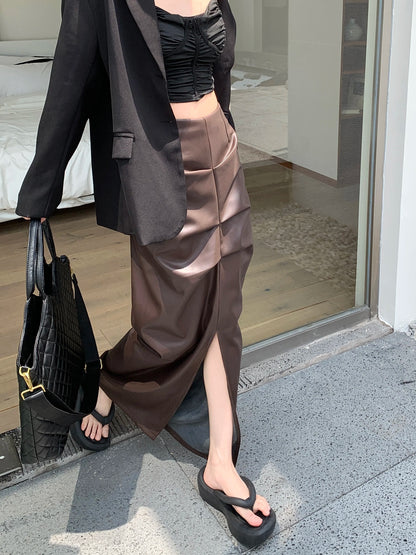 Leather Mid Long Skirts - INTOHYPEZONE
