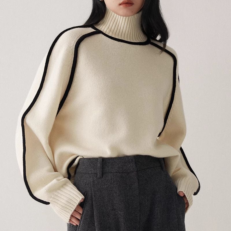 High Neck Contrast Line Knitted Sweater - INTOHYPEZONE