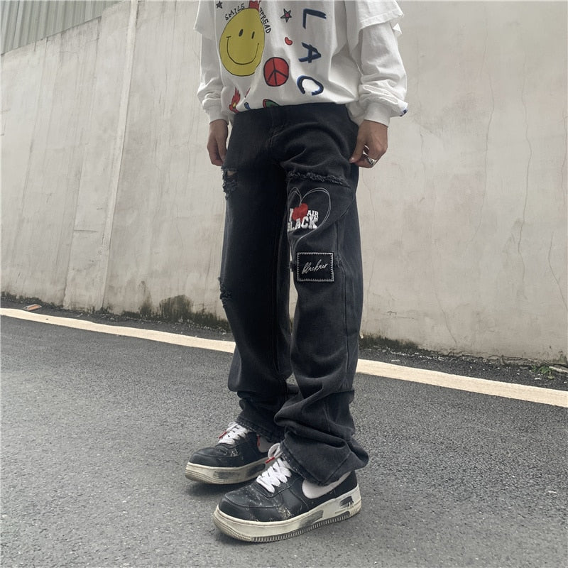RIPPED PATCHWORK DENIM PANTS - INTOHYPEZONE